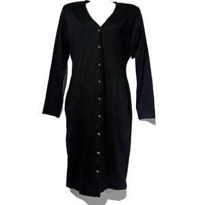 VINTAGE ADELE JOYCE Black gold button front Wool long sleeve Dress Size M